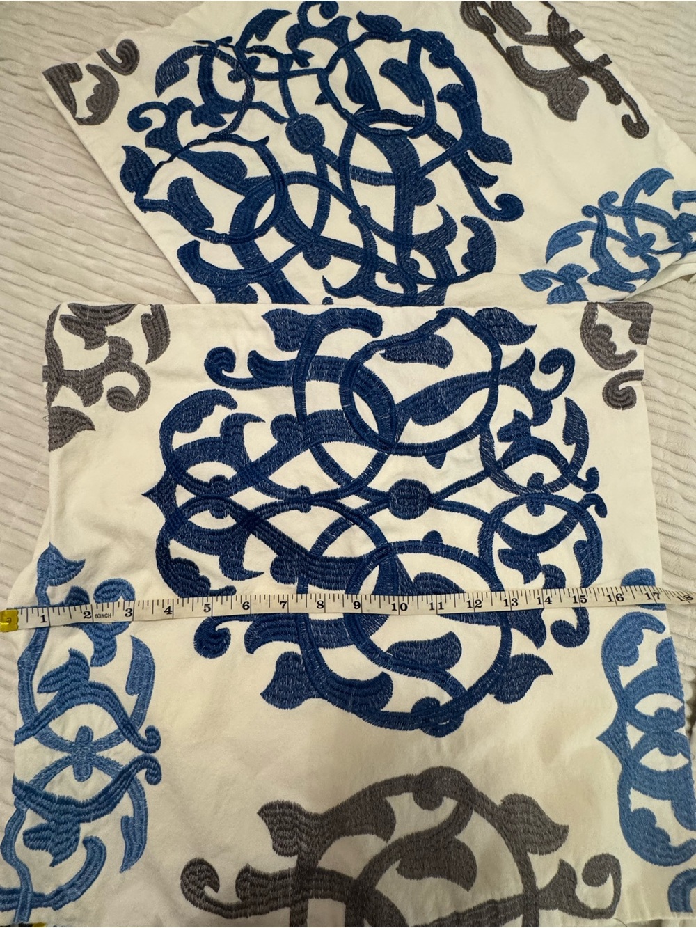 Set of 2 Decorative Throw Pillow Covers 16x16 Blue Gray Embroidered Zipper - Picture 3 of 5